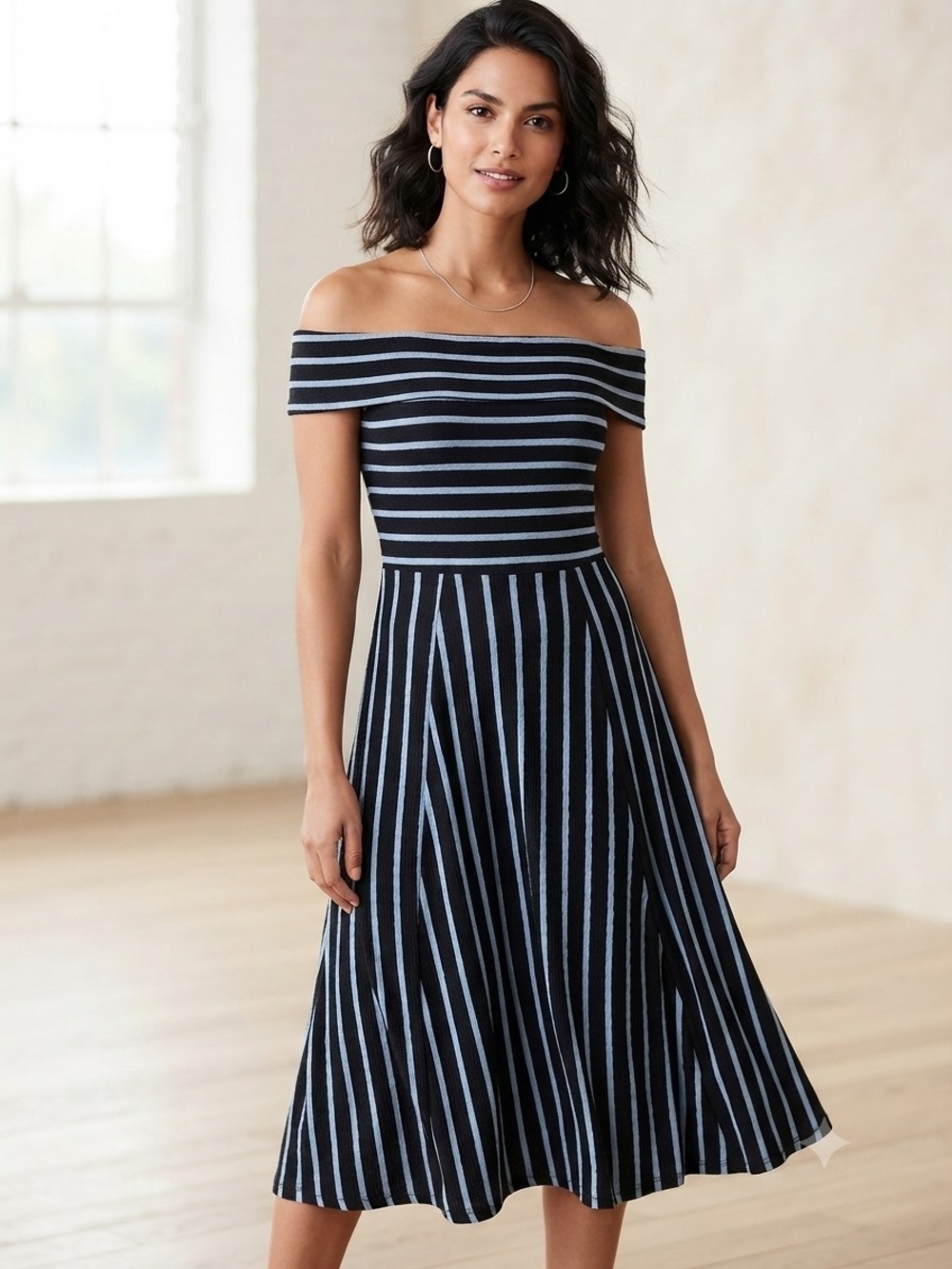 NEW No Tags Mossimo Over Off-Shoulder Blck & Whte Striped Fit-and-Flare Dress M